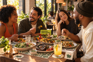 Friends sharing vegan plates with subtle branding-7