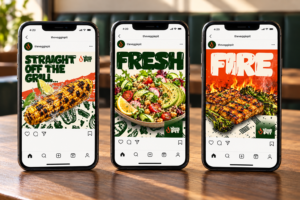 Three phones showcasing fresh food ads-3